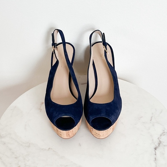NEW STUART WEITZMAN Jean Suede Slingback Wedge Sandals Navy Blue Size 11.5 - Picture 5 of 10